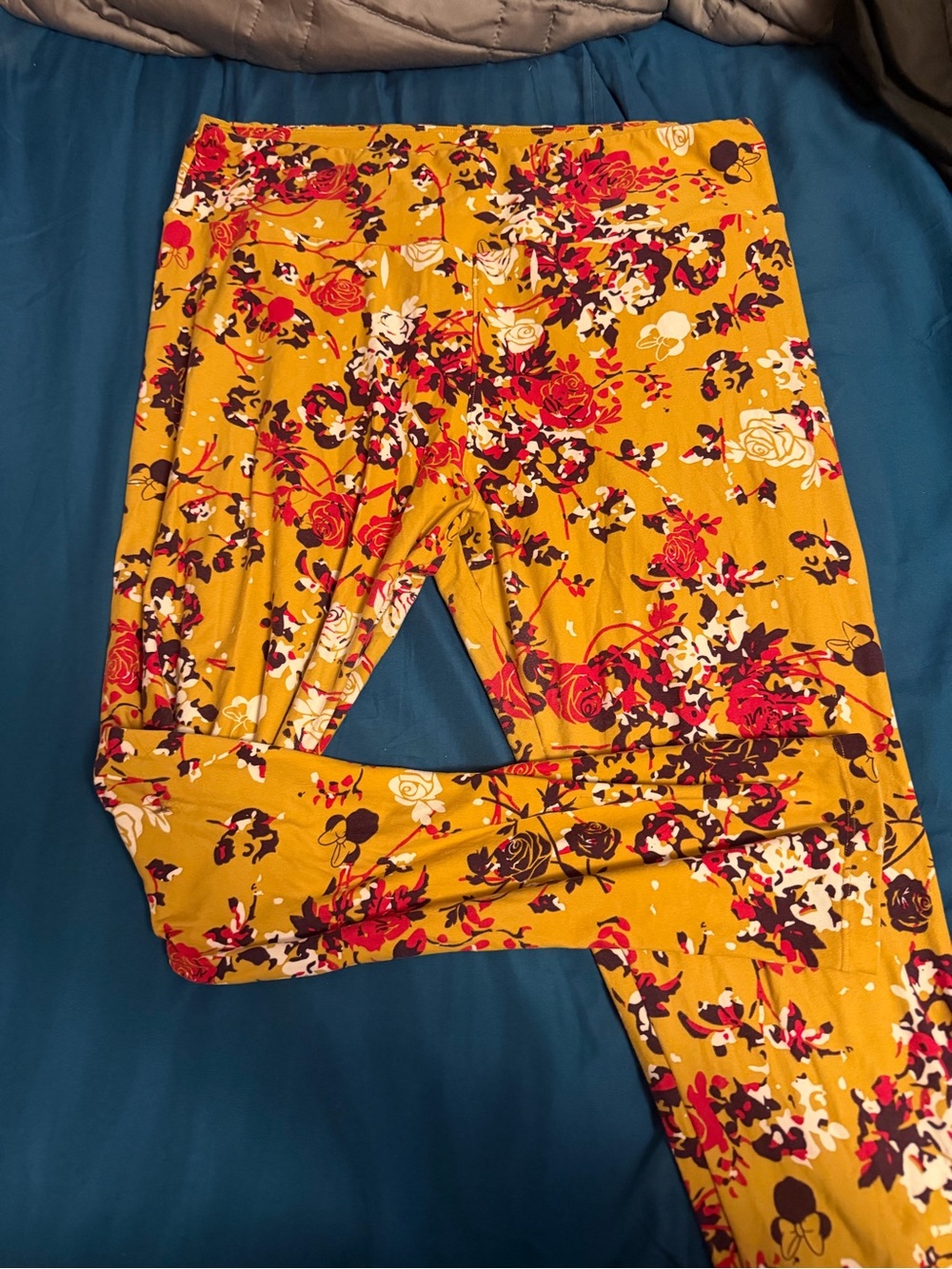 LuLaRoe Mustard Floral Leggings with Red and White Accents
